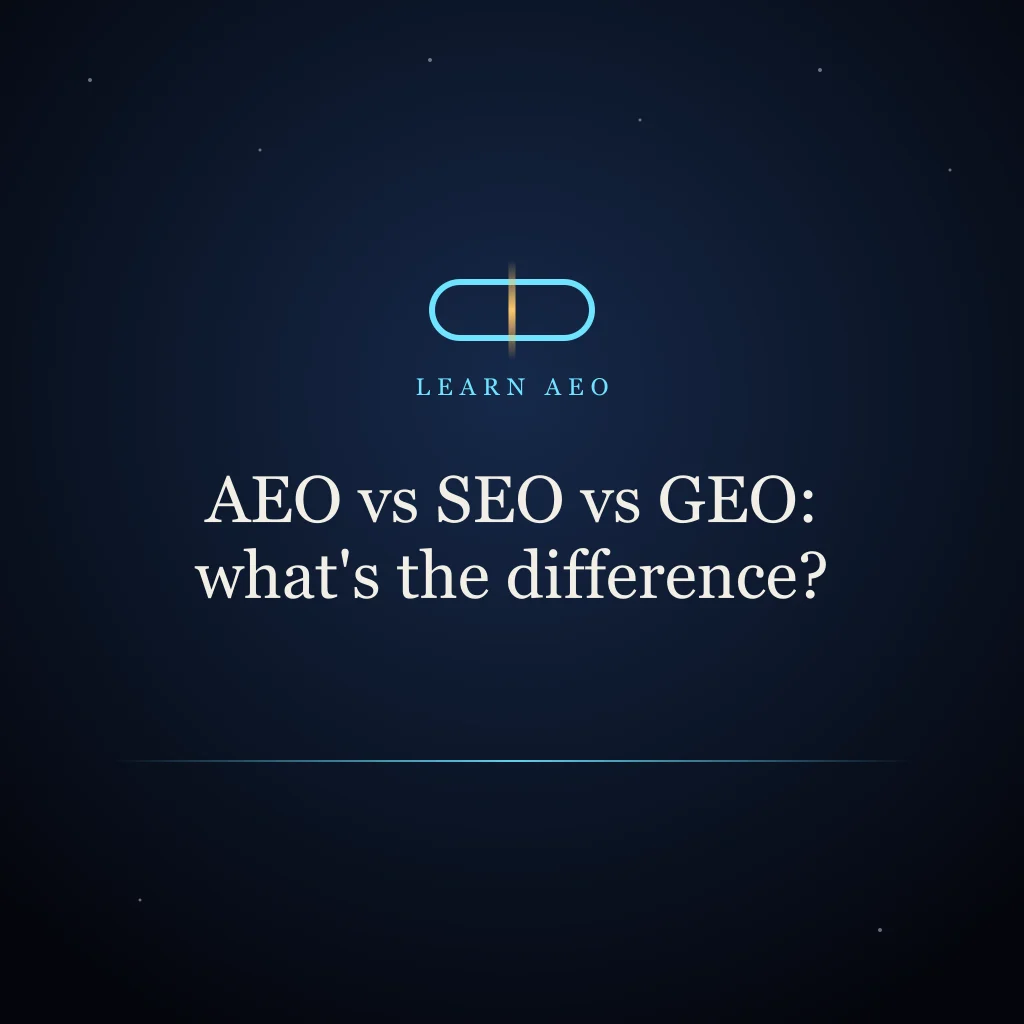Abstract illustration on a navy background with cyan and gold shapes and the title "AEO vs SEO vs GEO: what's the difference?"