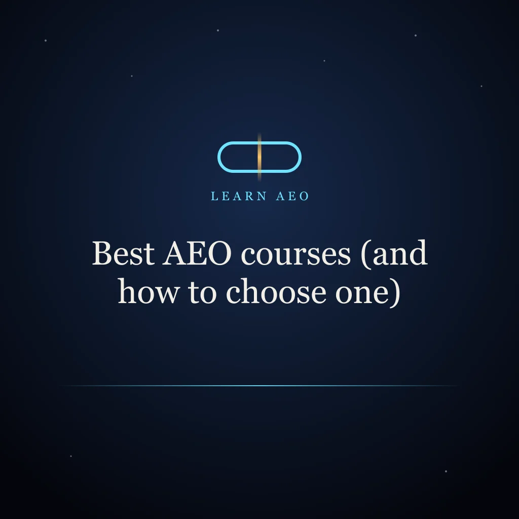 Abstract brand illustration titled "Best AEO courses (and how to choose one)"
