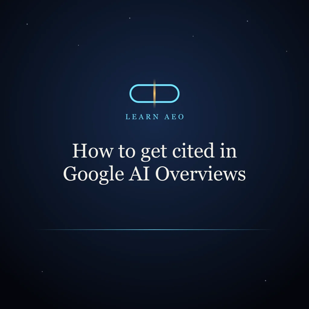 Abstract brand illustration titled "How to get cited in Google AI Overviews", with simple shapes linking a search result to a summarized answer.