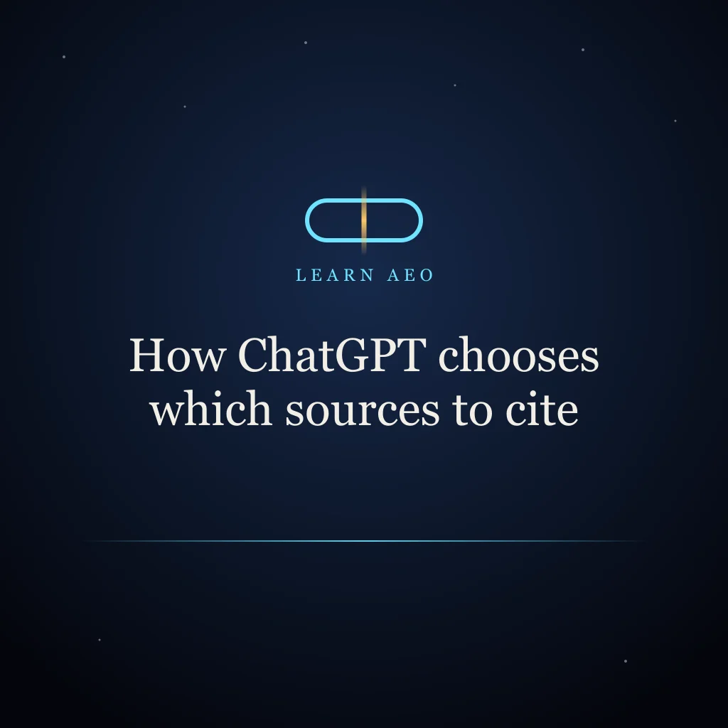 Abstract brand illustration titled "How ChatGPT chooses which sources to cite", with simple shapes linking a web page to a cited answer.