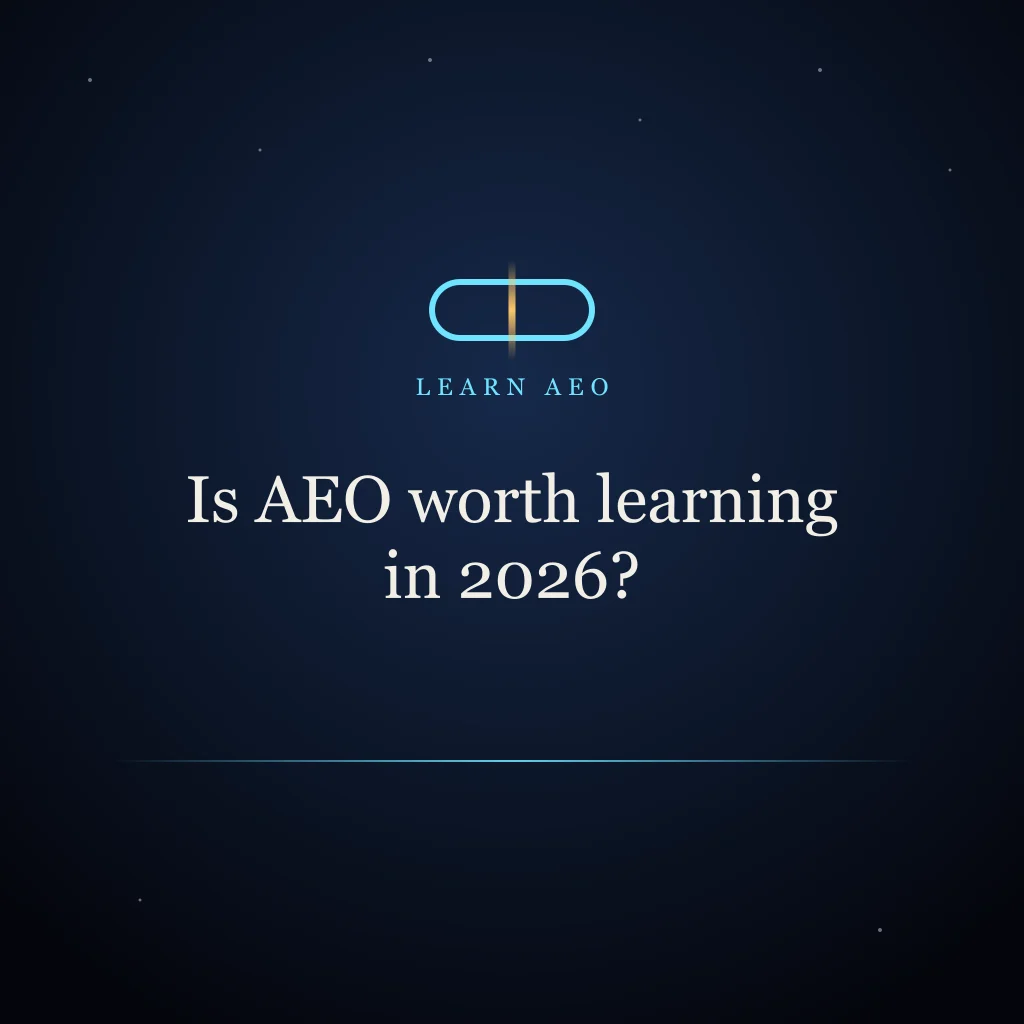 Abstract brand illustration titled "Is AEO worth learning in 2026?"