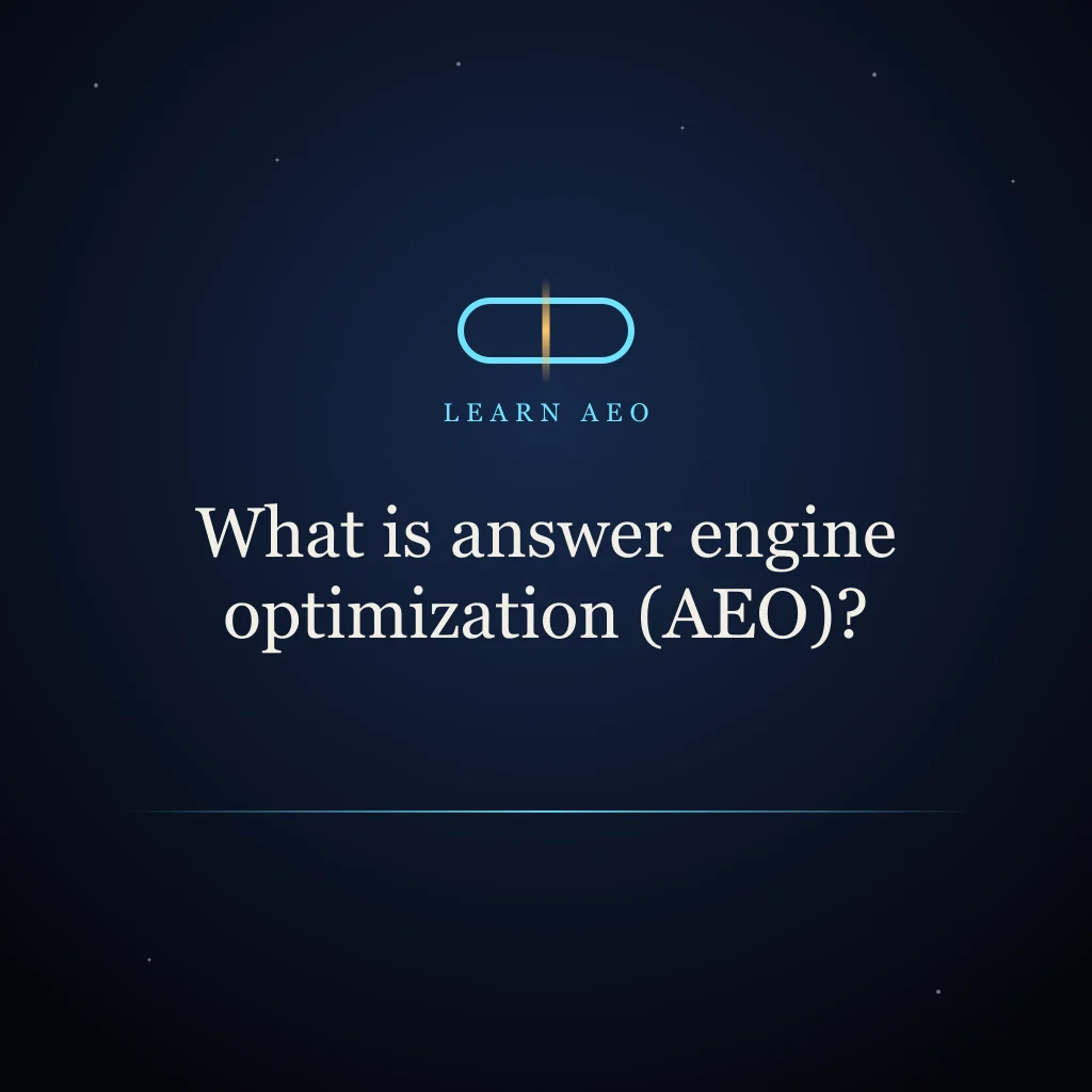 Abstract illustration on a navy background with cyan and gold shapes and the title "What is answer engine optimization (AEO)?"